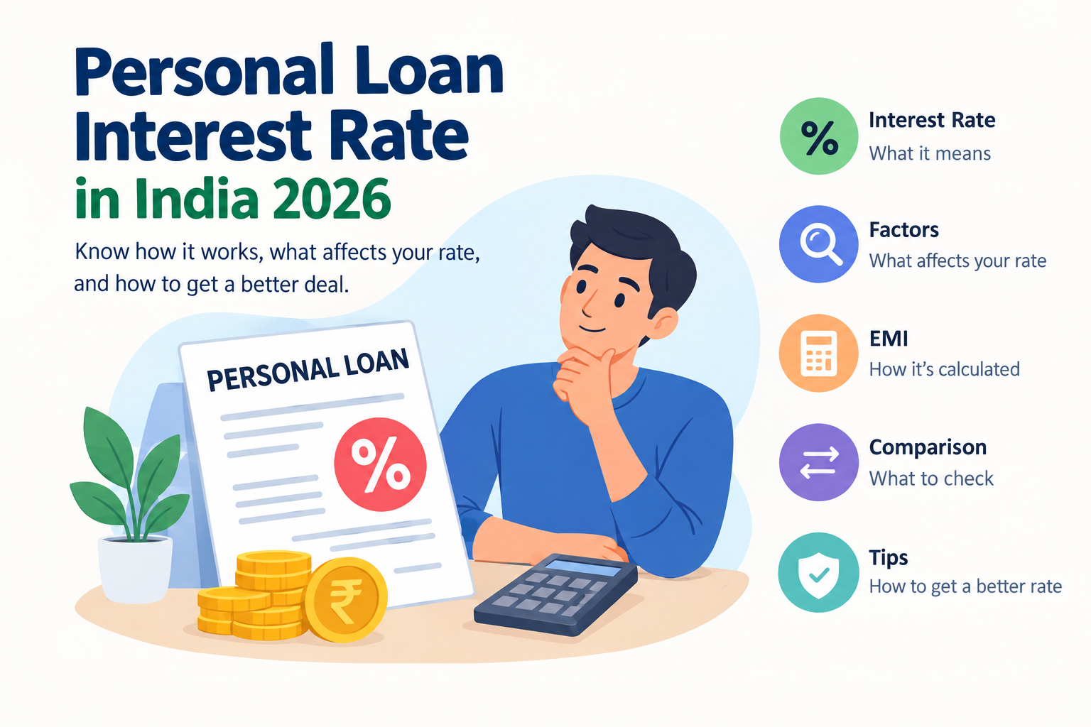 Personal loan interest rate in India 2026 showing EMI calculation, interest rate factors, loan comparison, and tips for getting a better personal loan rate.